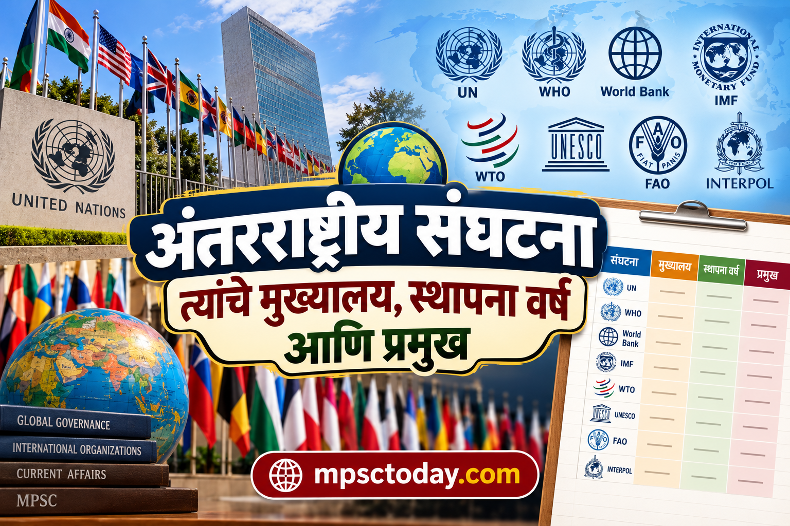 अंतरराष्ट्रीय संघटना, त्यांचे मुख्यालय, स्थापना वर्ष आणि प्रमुख
