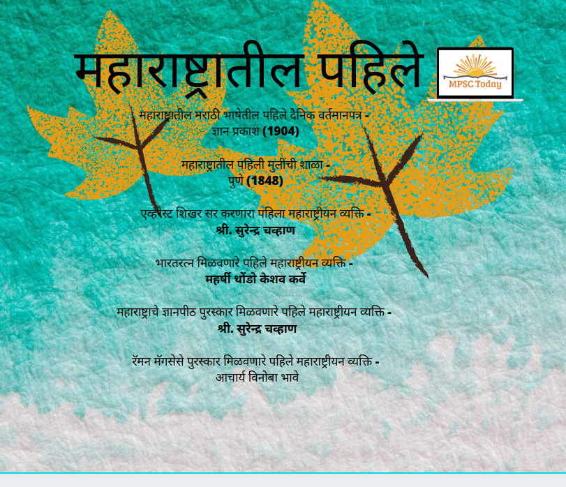 महाराष्ट्रातील मराठी भाषेतील पहिले दैनिक वर्तमानपत्र -  ज्ञान प्रकाश (1904)  महाराष्ट्रातील पहिली मुलींची शाळा -  पुणे (1848) महाराष्ट्रातील पहिली सैनिकी शाळा - सातारा(1961) महाराष्ट्रातील पहिली कापड गिरणी - मुंबई(1854) महाराष्ट्राचे पहिले पंचतारांकित हॉटेल - ताजमहाल मुंबई एव्हरेस्ट शिखर सर करणारा पहिला महाराष्ट्रीयन व्यक्ति - श्री. सुरेन्द्र चव्हाण   भारतरत्न मिळवणारे पहिले महाराष्ट्रीयन व्यक्ति -  महर्षी धोंडो केशव कर्वे महाराष्ट्राचे ज्ञानपीठ पुरस्कार मिळवणारे पहिले महाराष्ट्रीयन व्यक्ति -   श्री. सुरेन्द्र चव्हाण  रॅमन मॅगसेसे पुरस्कार मिळवणारे पहिले महाराष्ट्रीयन व्यक्ति -   आचार्य विनोबा भावे