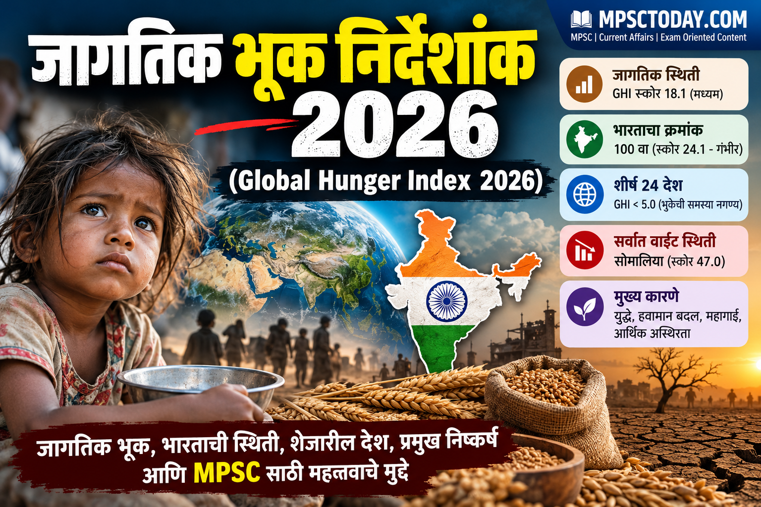 जागतिक भूक निर्देशांक 2026 : भारताचा क्रमांक, गुण व महत्त्वाचे मुद्दे | MPSC