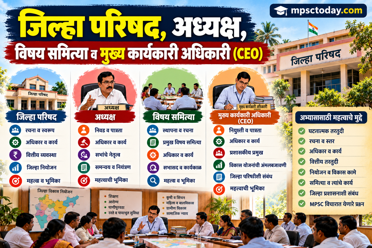 जिल्हा परिषद, अध्यक्ष, विषय समित्या व मुख्य कार्यकारी अधिकारी (CEO)