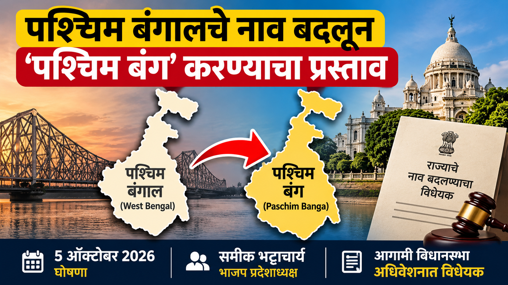 पश्चिम बंगालचे नाव बदलून ‘पश्चिम बंग’ करण्याचा प्रस्ताव