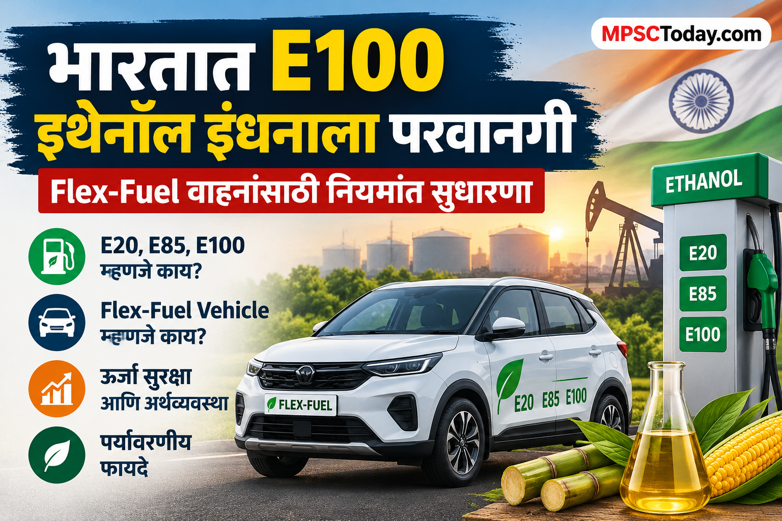 भारतात E100 इथेनॉल इंधनाला परवानगी; Flex-Fuel वाहनांचे नियम बदलले
