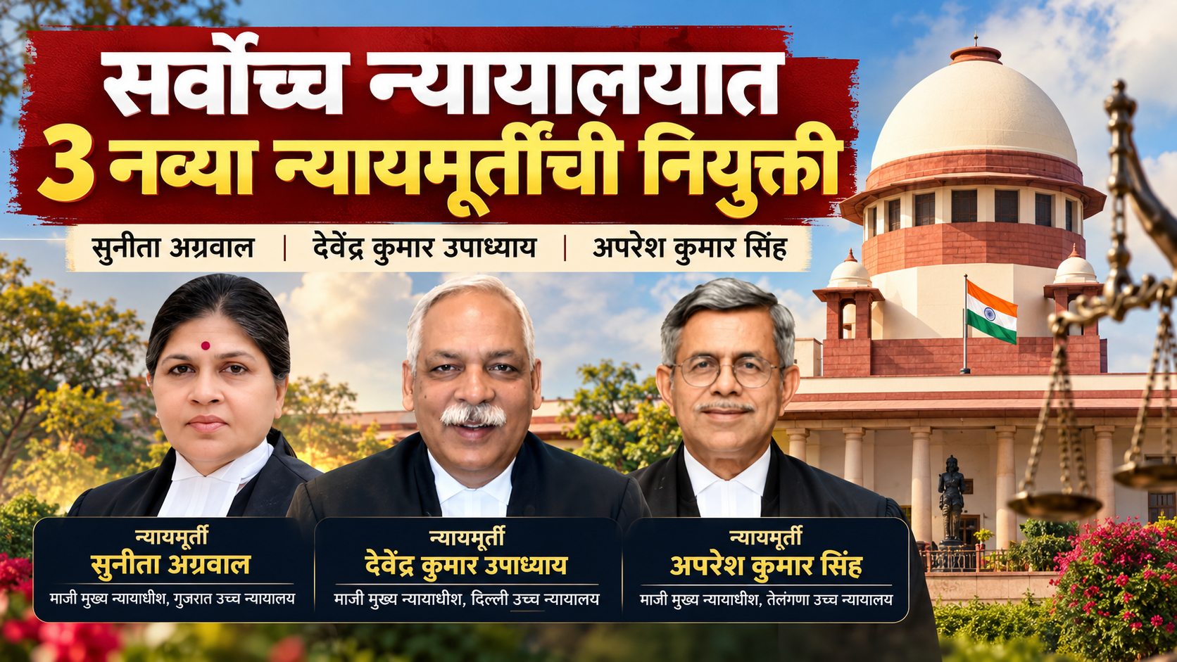 सर्वोच्च न्यायालयात 3 नव्या न्यायमूर्तींची नियुक्ती : सुनीता अग्रवाल, डी. के. उपाध्याय आणि अपरेश कुमार सिंह | MPSC Current Affairs